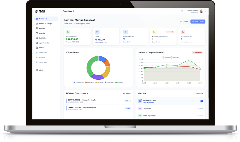 Painel do TRILHA aberto em um notebook, com gestão de pedidos, agenda, relatórios e financeiro de vistorias